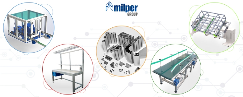 Milper Lösungen: Aluminiumprofile, Schutzeinrichtungen, Werkbänke, Förderbänder, Stromabnehmer Elevatoren und Kippvorrichtungen